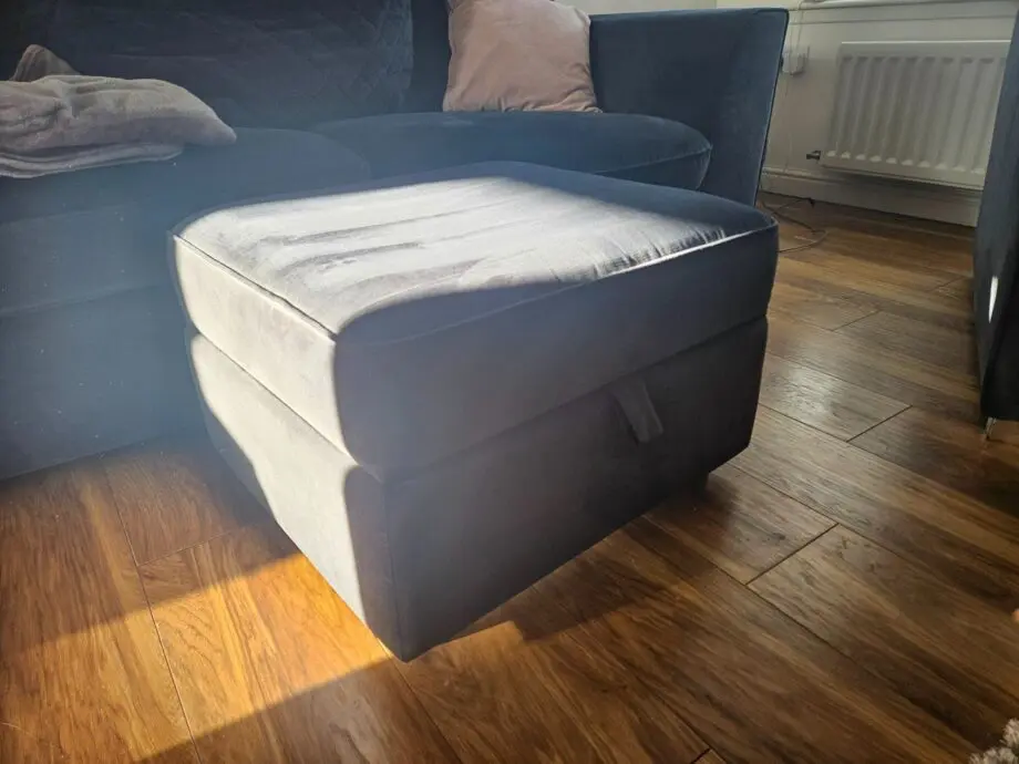 DFS Grey Blue 3 Seater Sofa and Footstool