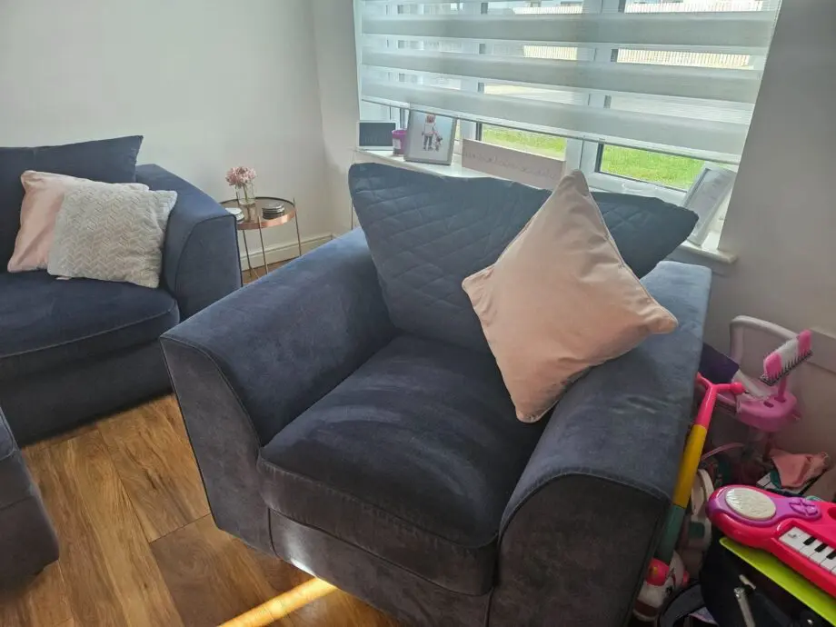 DFS Grey Blue 3 Seater Sofa and Footstool