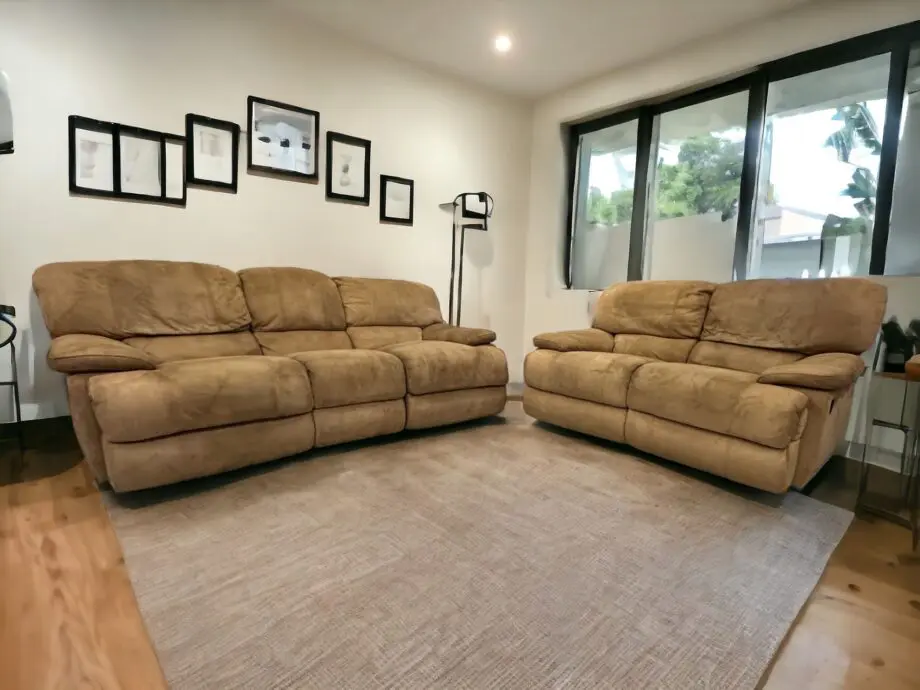 Tan Suede 3 and 2 Seater Manual Recliners