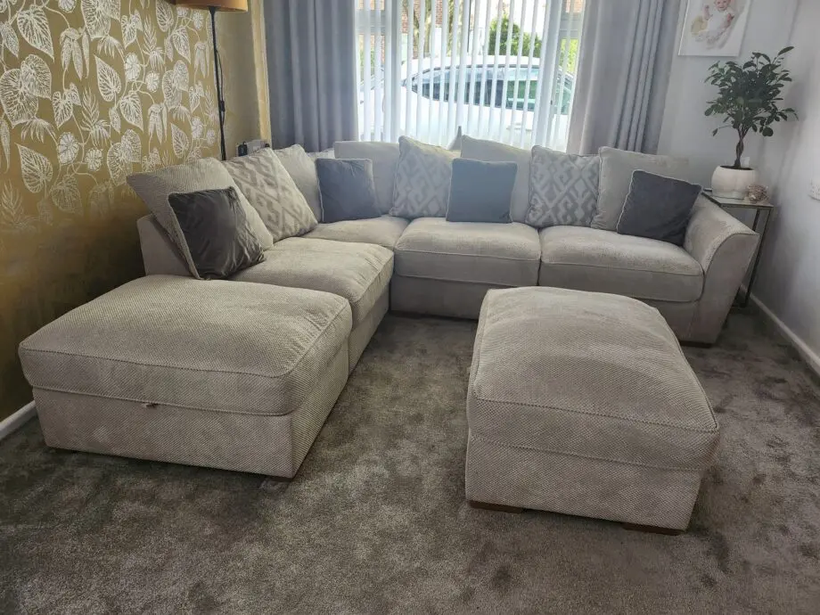 Oak Furnitureland Grey Corner Sofa and 2 Matching Footstools