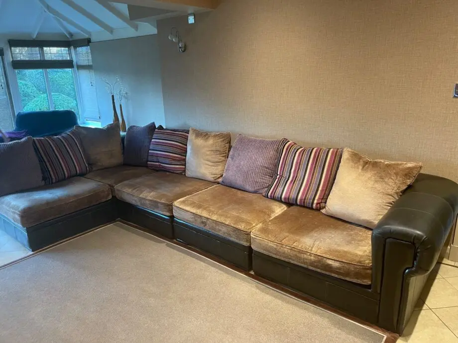 DFS Brown Leather Frame with Scatter Back Cushions