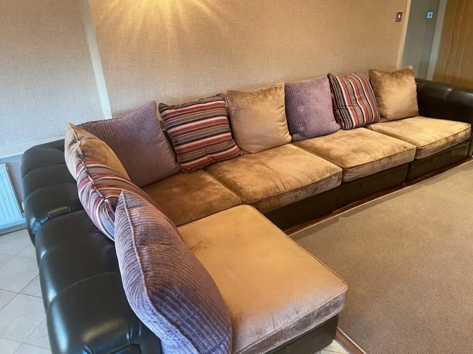 DFS Brown Leather Frame with Scatter Back Cushions