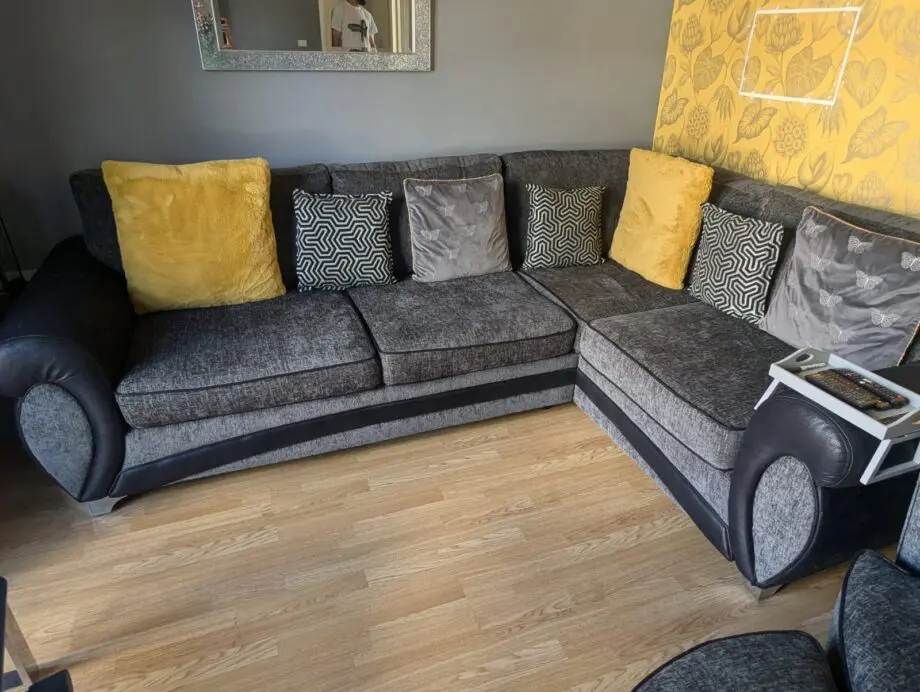 DFS Charcoal Corner Sofa with Matching Cuddle Chair and Footstool