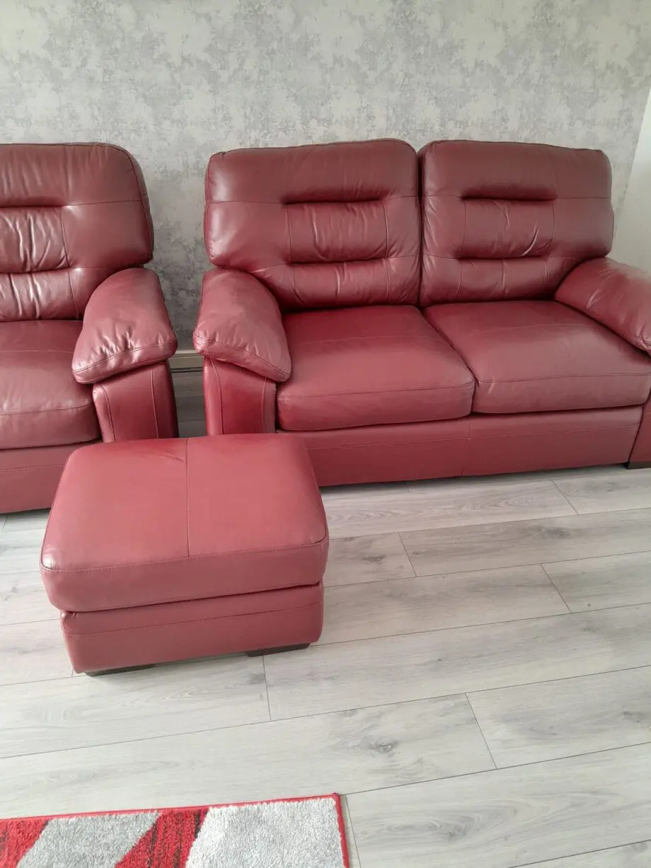 2 2 Seater Leather burgundy Sofas + Footstool