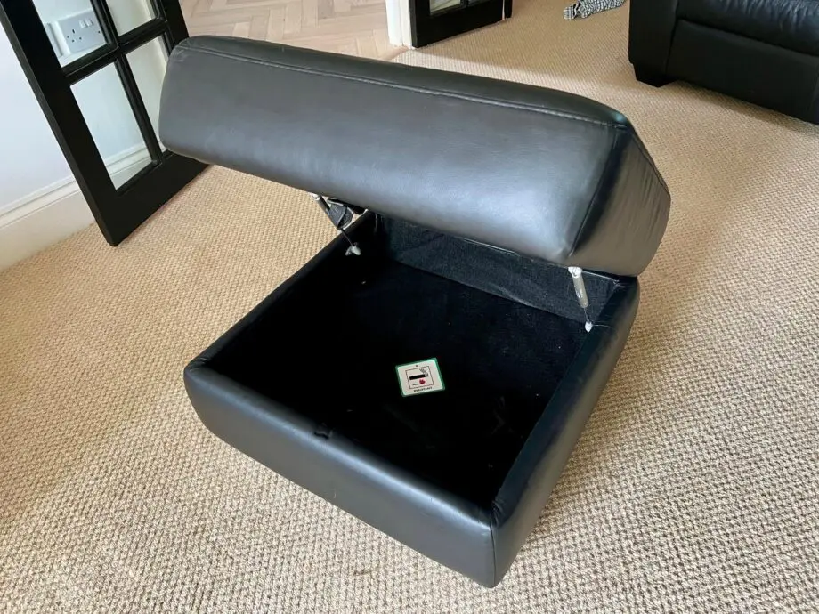 DFS Black Leather 3 and 2 Seater Sofas with matching footstool