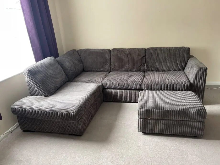 DFS Grey Cord Corner Sofa and Matching Footstool