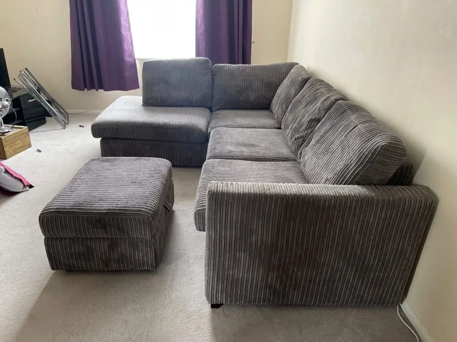 DFS Grey Cord Corner Sofa and Matching Footstool