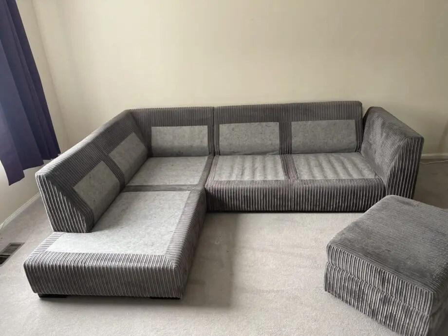 DFS Grey Cord Corner Sofa and Matching Footstool