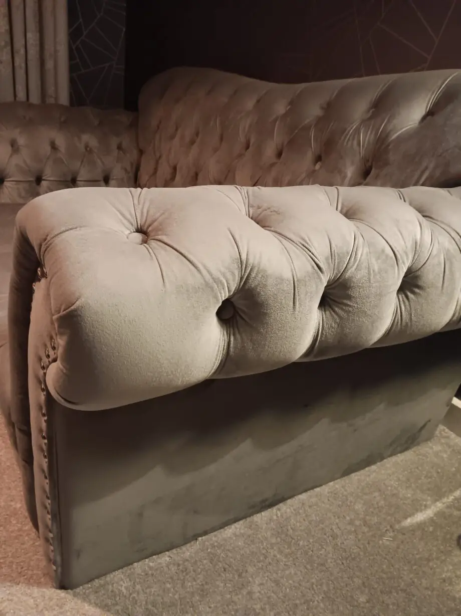 Grey velour Chesterfield 2/3 seater sofa and puffa