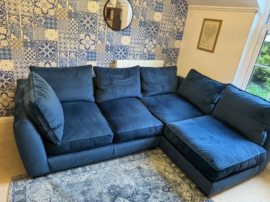 Dfs blue velvet left facing sofa