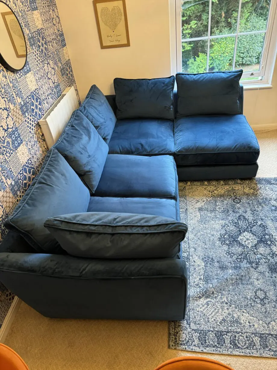 Dfs blue velvet left facing sofa