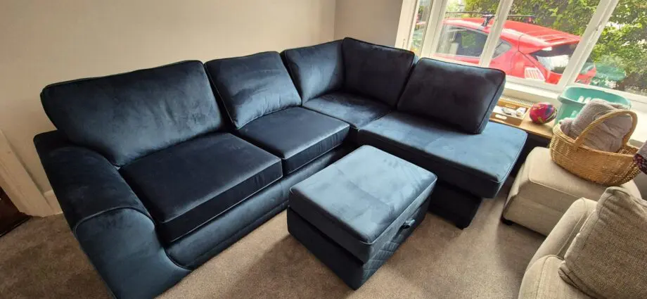 DFS Dark Blue Velvet Orka Corner Sofa + Footstool