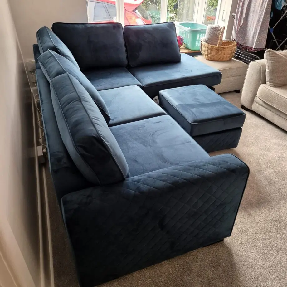 DFS Dark Blue Velvet Orka Corner Sofa + Footstool