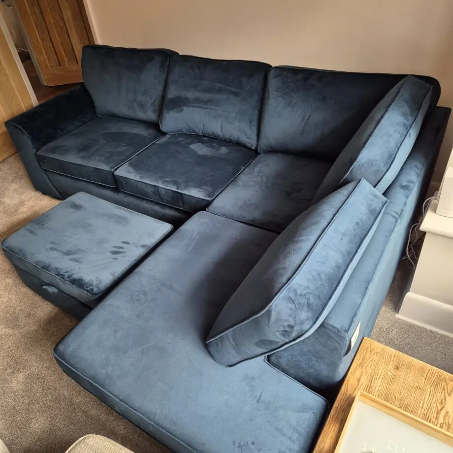 DFS Dark Blue Velvet Orka Corner Sofa + Footstool