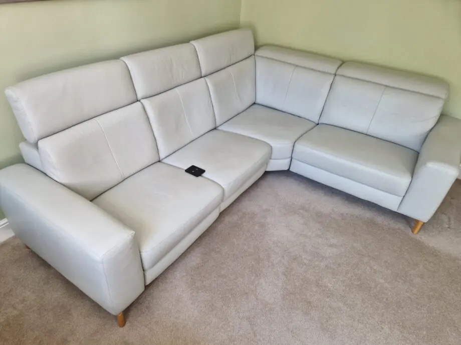 Light Grey Leather Corner Sofa with 2x Powered Recliners by ROM