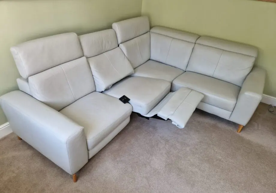 Light Grey Leather Corner Sofa with 2x Powered Recliners by ROM