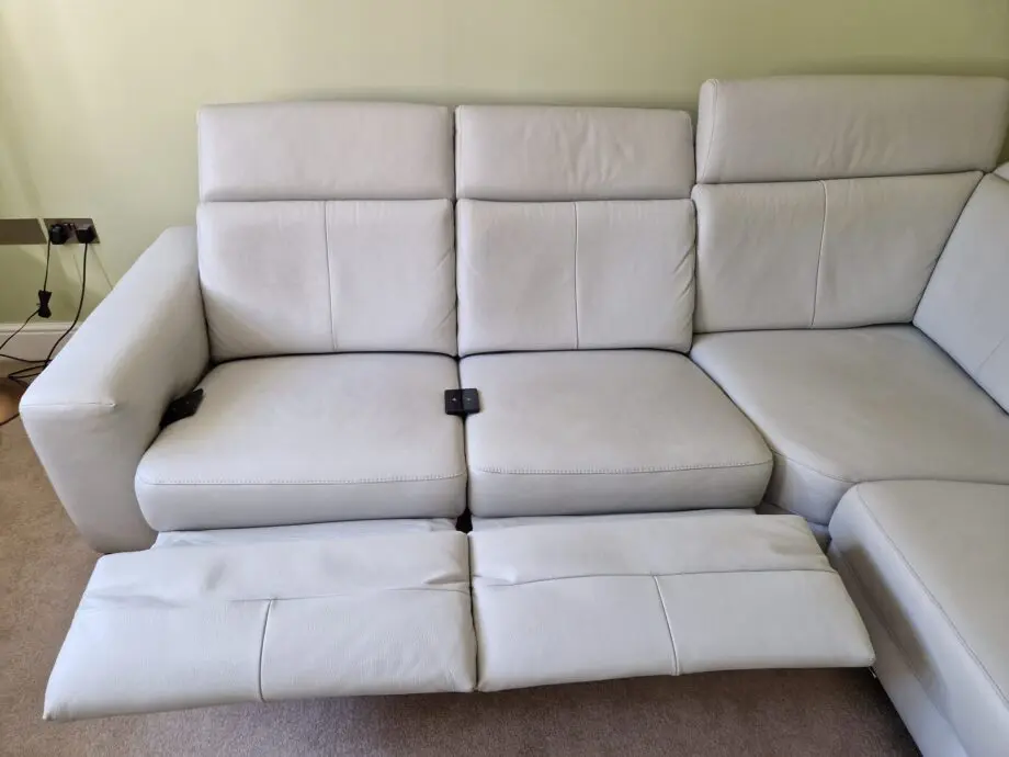 Light Grey Leather Corner Sofa with 2x Powered Recliners by ROM