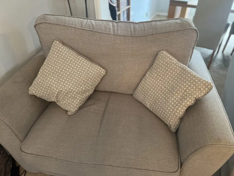 1X 3 Seater sofa with 2 large “snuggle” chairs both in grey with matching throw pillows