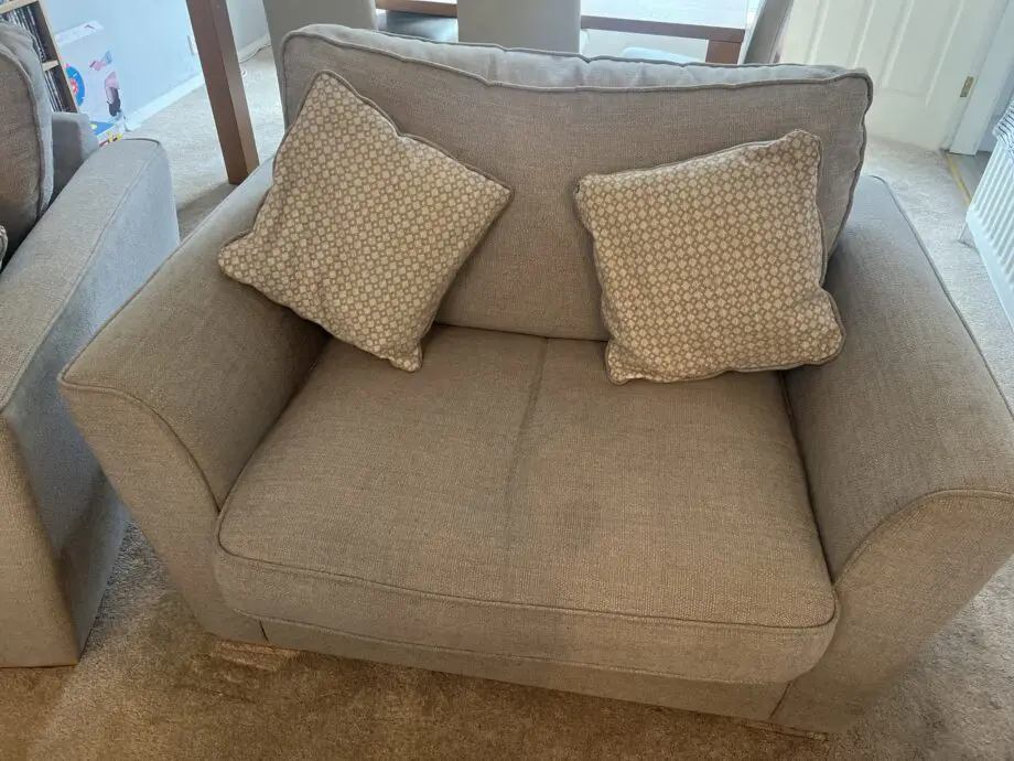 1X 3 Seater sofa with 2 large “snuggle” chairs both in grey with matching throw pillows