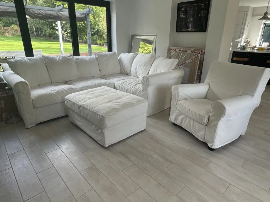 White L Shape Sofa + Arm Chair + Footstool