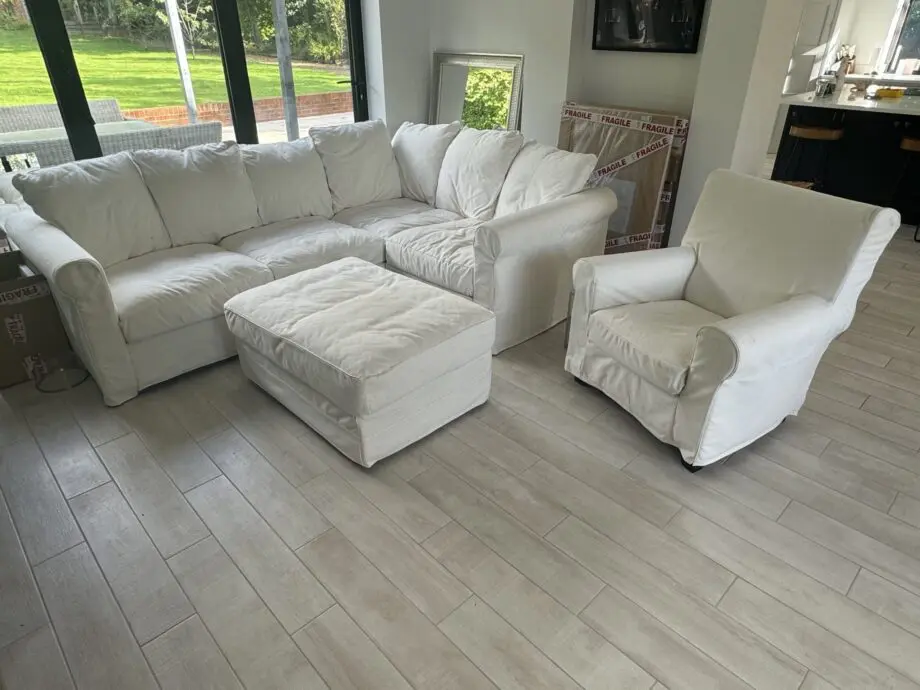 White L Shape Sofa + Arm Chair + Footstool