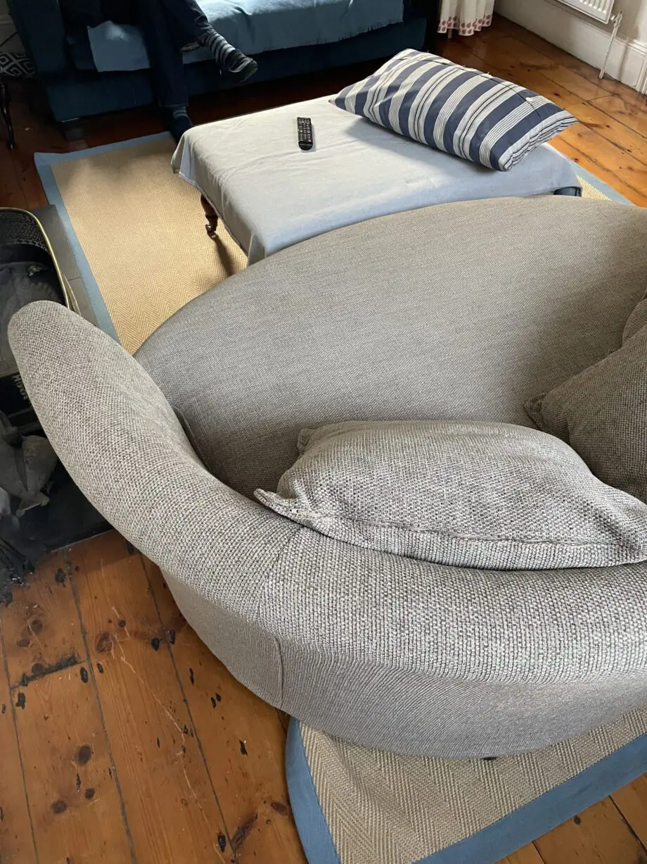 DFS beige boat shaped sofa, perfect for cosy evenings in front of the telly. Good as new.