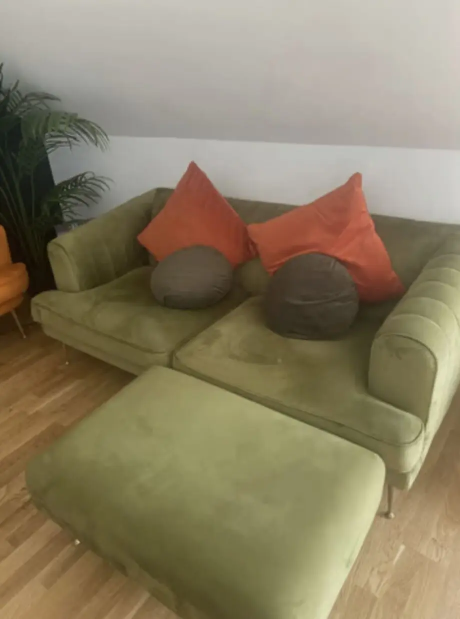 DFS Green 3 Seater Velvet Chesterfield Sofa with matching foot stool