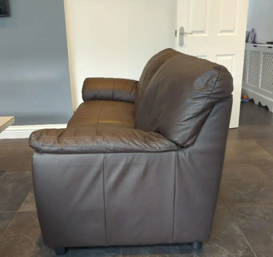 Milano Faux Chocolate color 3 seater Leather Sofa - Used-1 yr old in very good Condition from Smoke and Pet free home