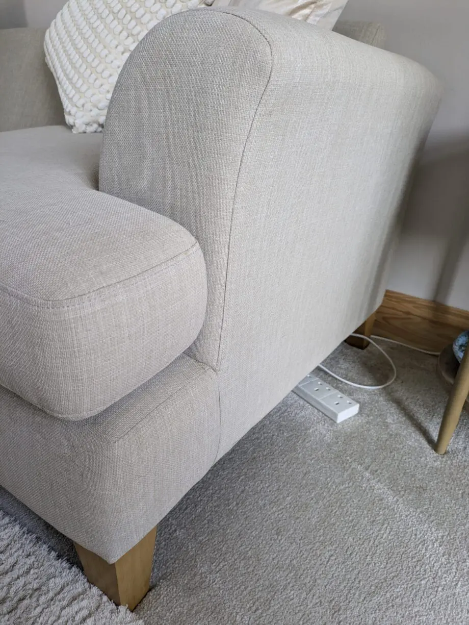 DFS corner sofa with scatter cushions, light grey and neutral cushions which are ikea