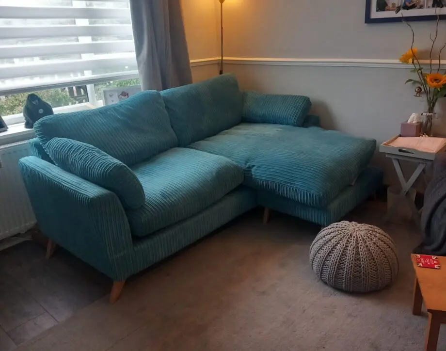 DFS chaise longue sofa in Teal cord.