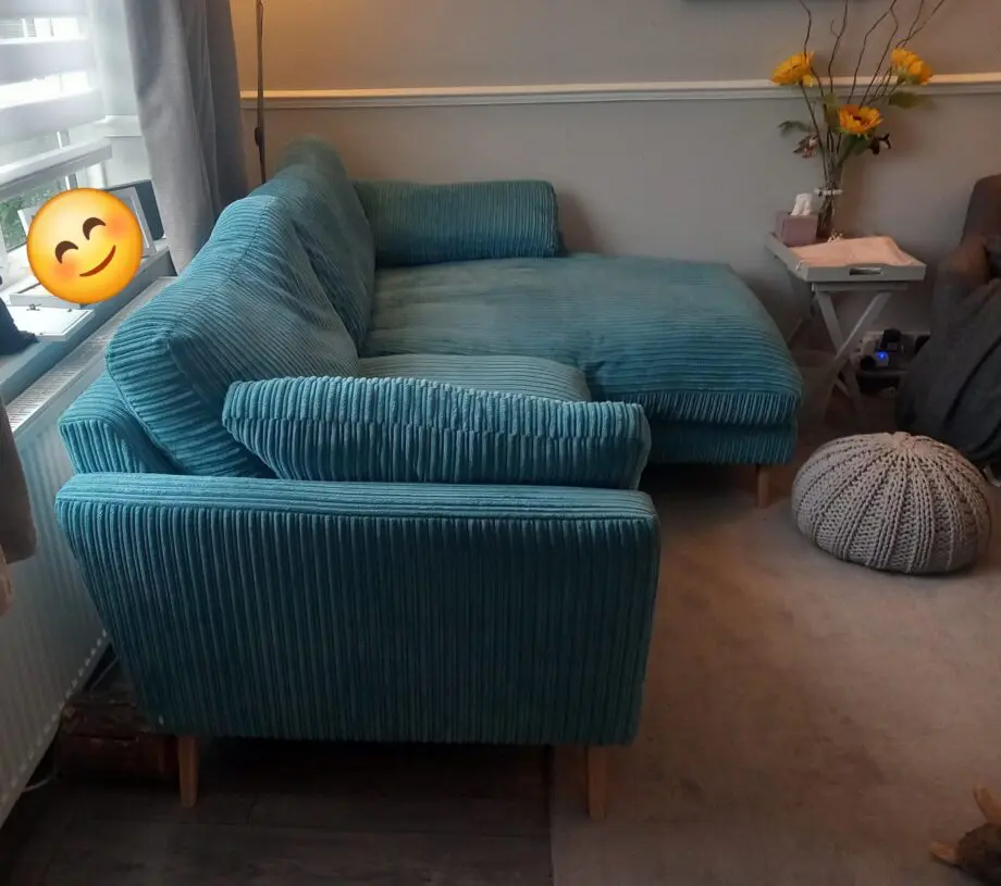 DFS chaise longue sofa in Teal cord.