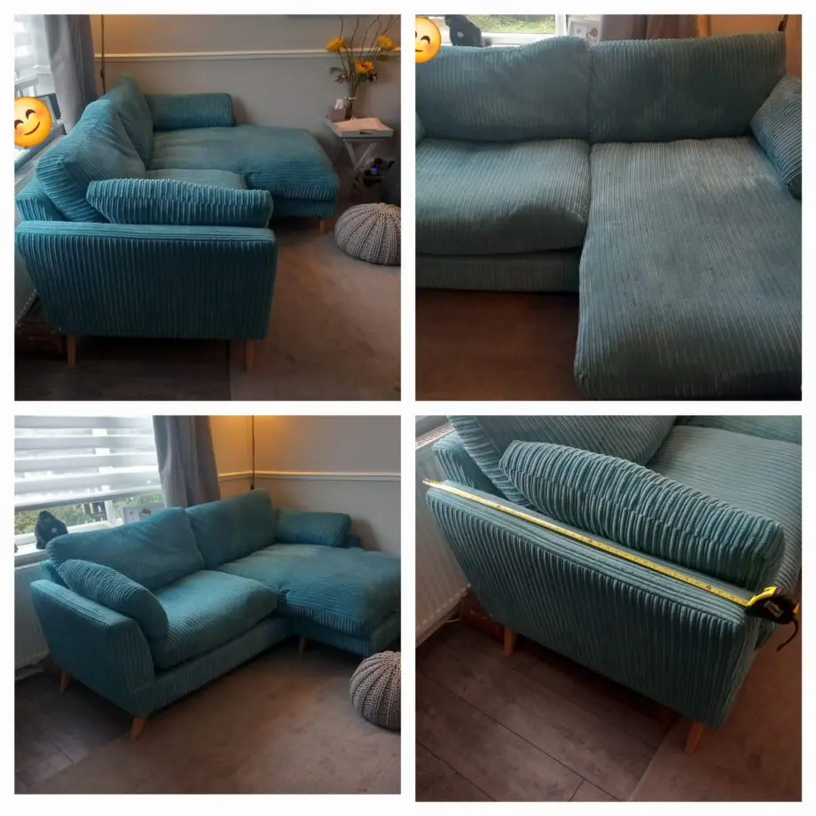 DFS chaise longue sofa in Teal cord.