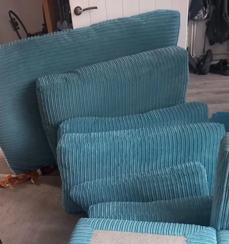 DFS chaise longue sofa in Teal cord.