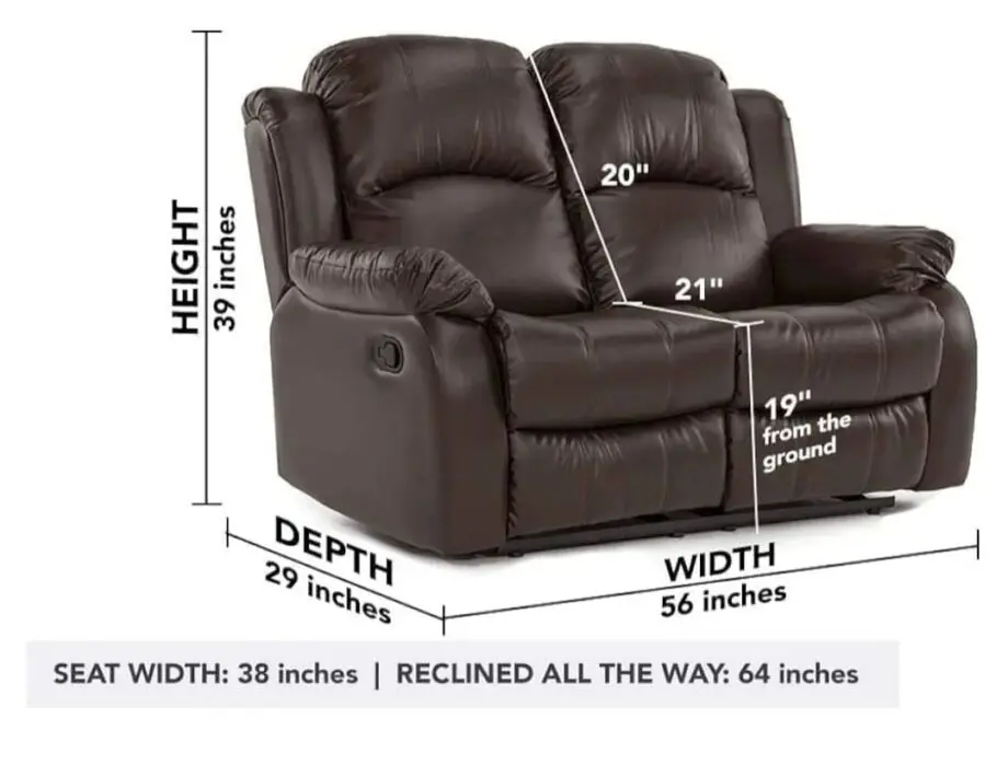 Roma Leather Recliner Sofa - 2 Seater Sofa - Black (2 Seater), 165cm, BS107