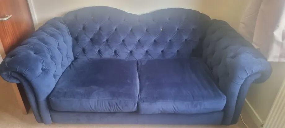 Joules designer Sofas blue. Three seat sofa, love seat and pouffe