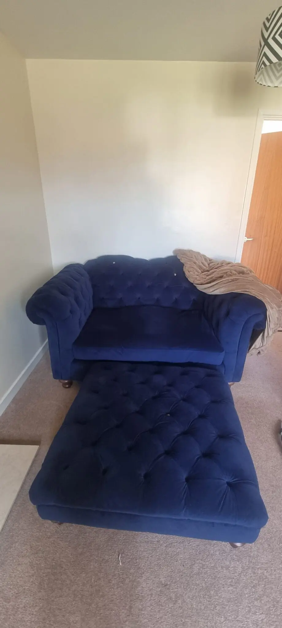 Joules designer Sofas blue. Three seat sofa, love seat and pouffe