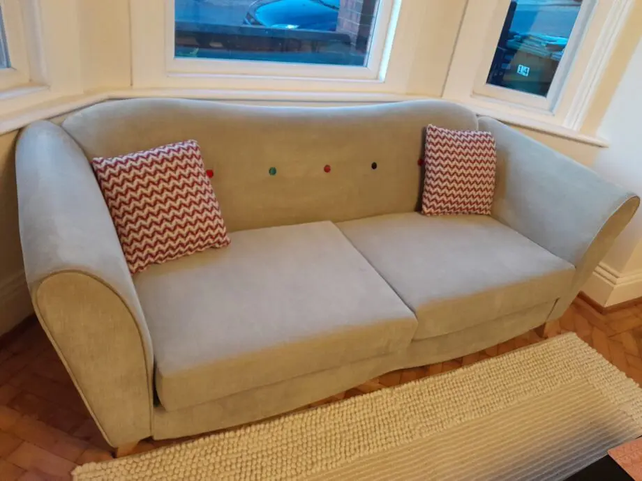 DFS 3 piece sofa/settee set - light grey fabric 3 seater, armchair and pouffe