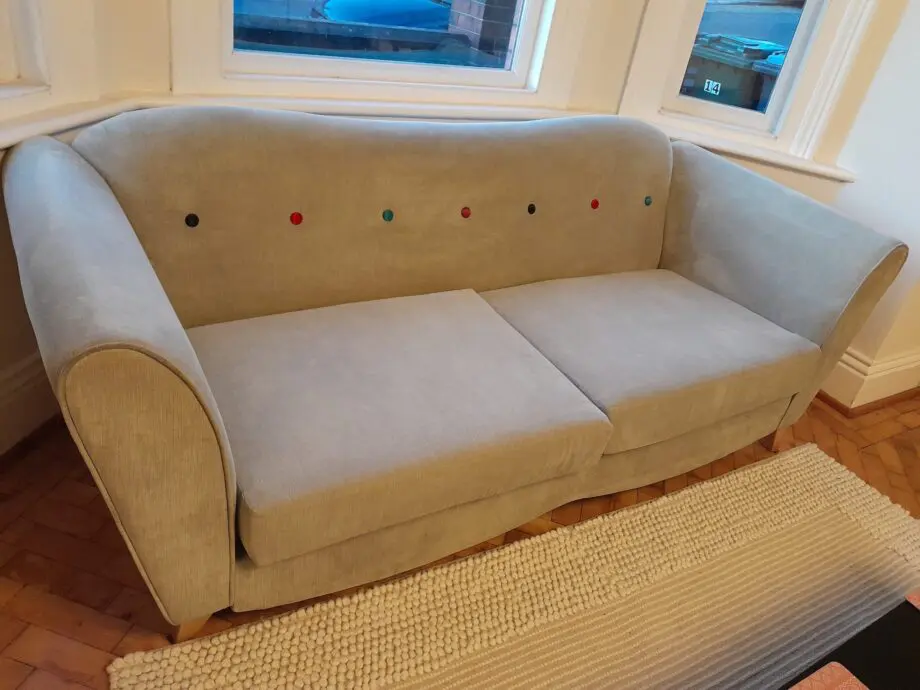 DFS 3 piece sofa/settee set - light grey fabric 3 seater, armchair and pouffe