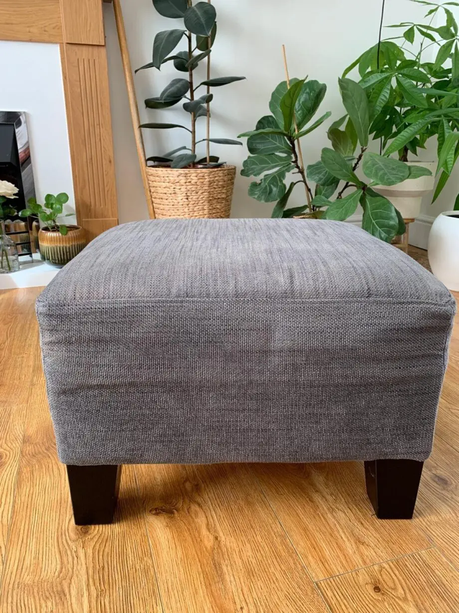 Grey IKEA sofa, armchair, and footstool