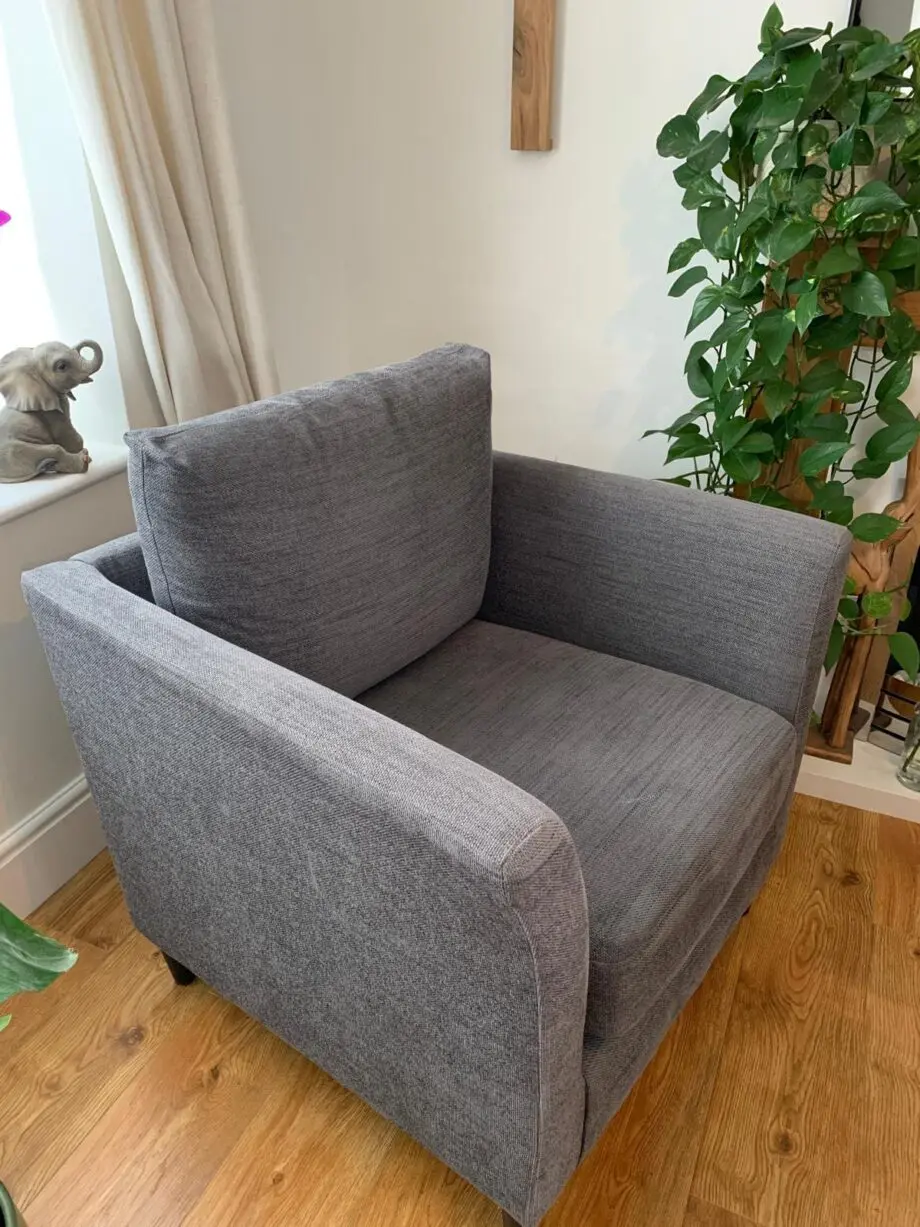 Grey IKEA sofa, armchair, and footstool