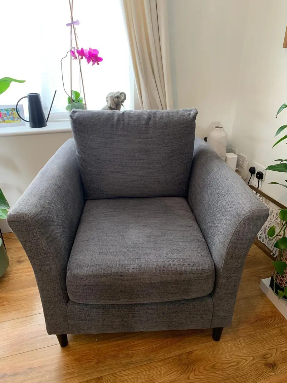Grey IKEA sofa, armchair, and footstool