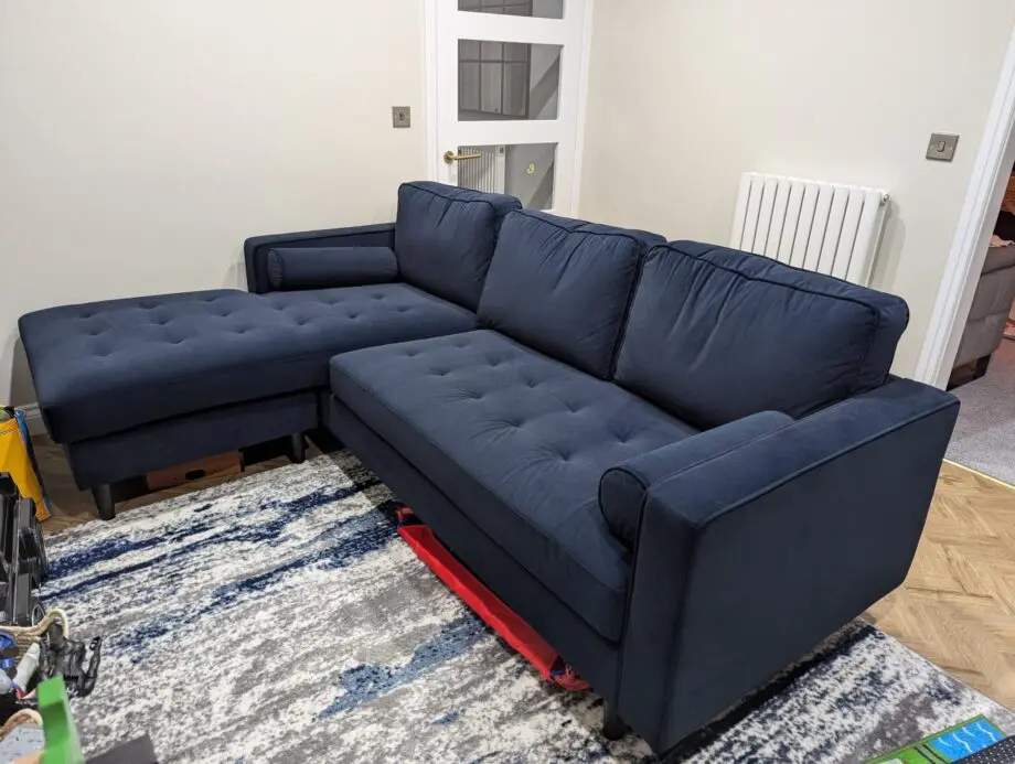 Dunelm, Zoe velvet blue chaise corner sofa