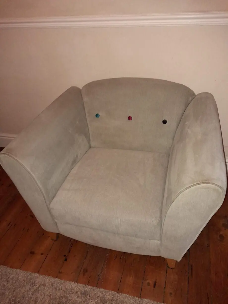 DFS 3 piece sofa/settee set - light grey fabric 3 seater, armchair and pouffe