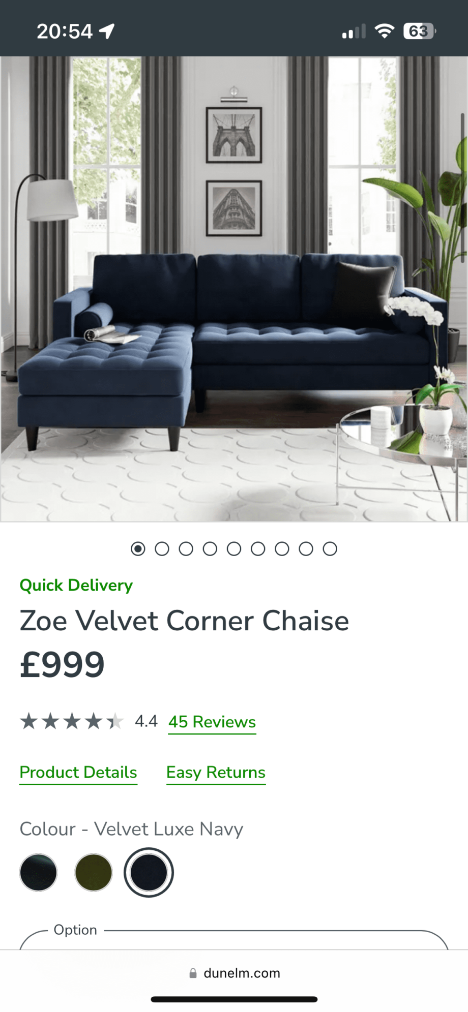 Dunelm, Zoe velvet blue chaise corner sofa