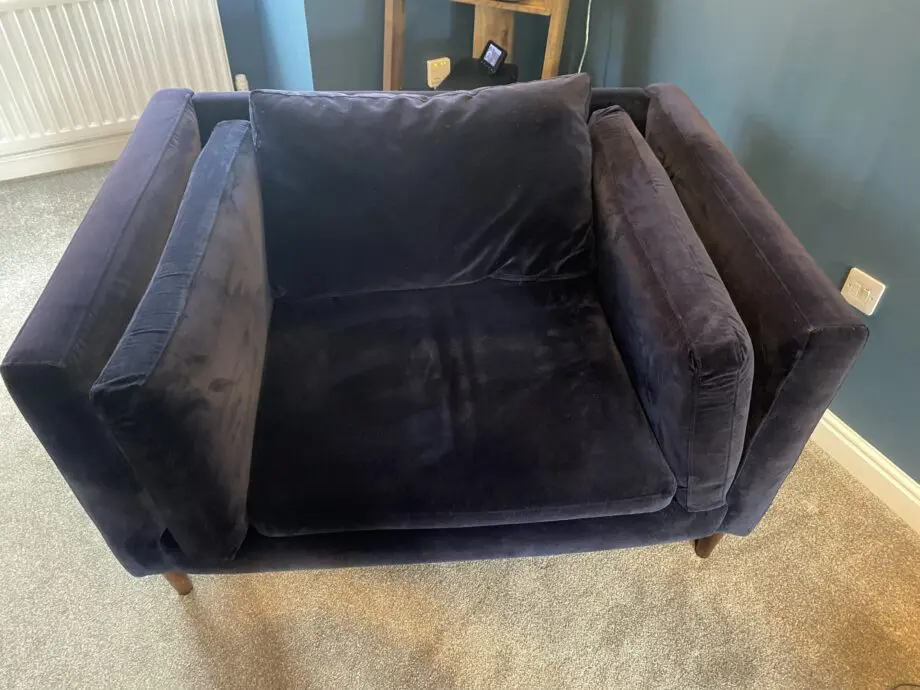 Sofa Workshop dark blue velvet 3 seater sofa + cuddle chair + chair + footstool.