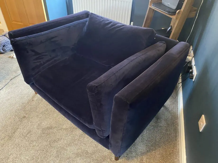 Sofa Workshop dark blue velvet 3 seater sofa + cuddle chair + chair + footstool.