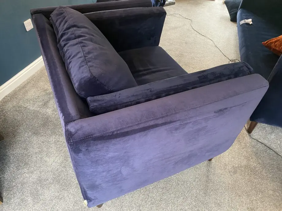 Sofa Workshop dark blue velvet 3 seater sofa + cuddle chair + chair + footstool.