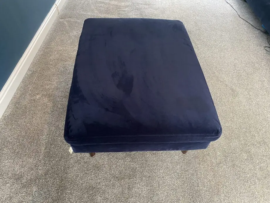 Sofa Workshop dark blue velvet 3 seater sofa + cuddle chair + chair + footstool.
