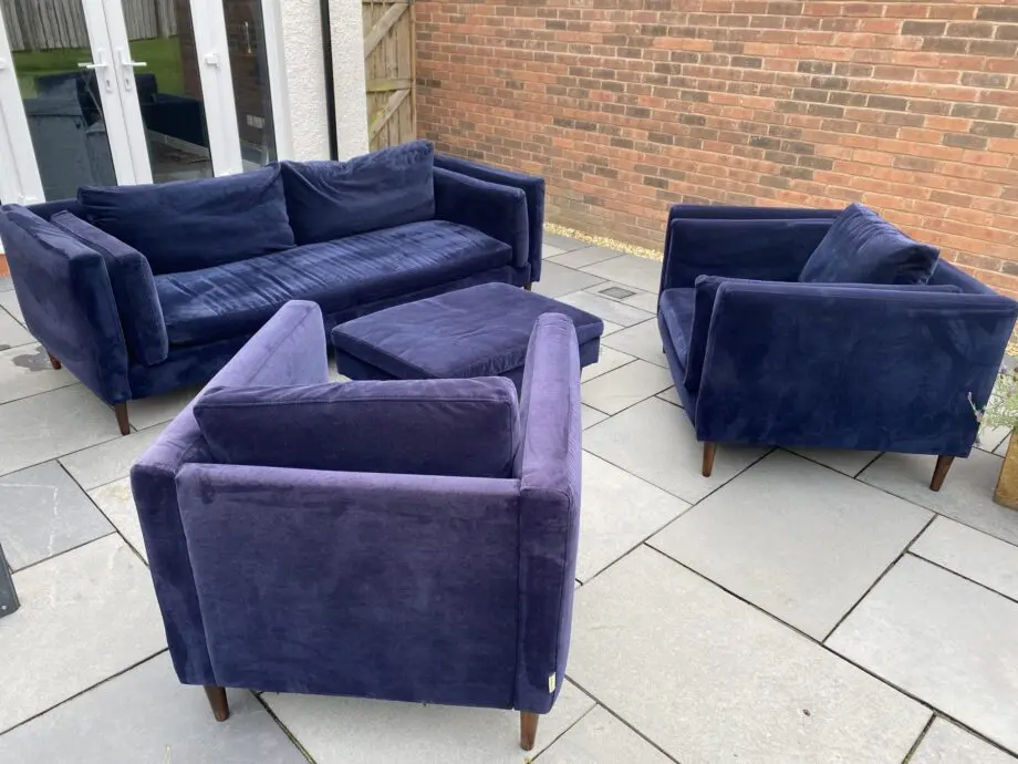 Sofa Workshop dark blue velvet 3 seater sofa + cuddle chair + chair + footstool.