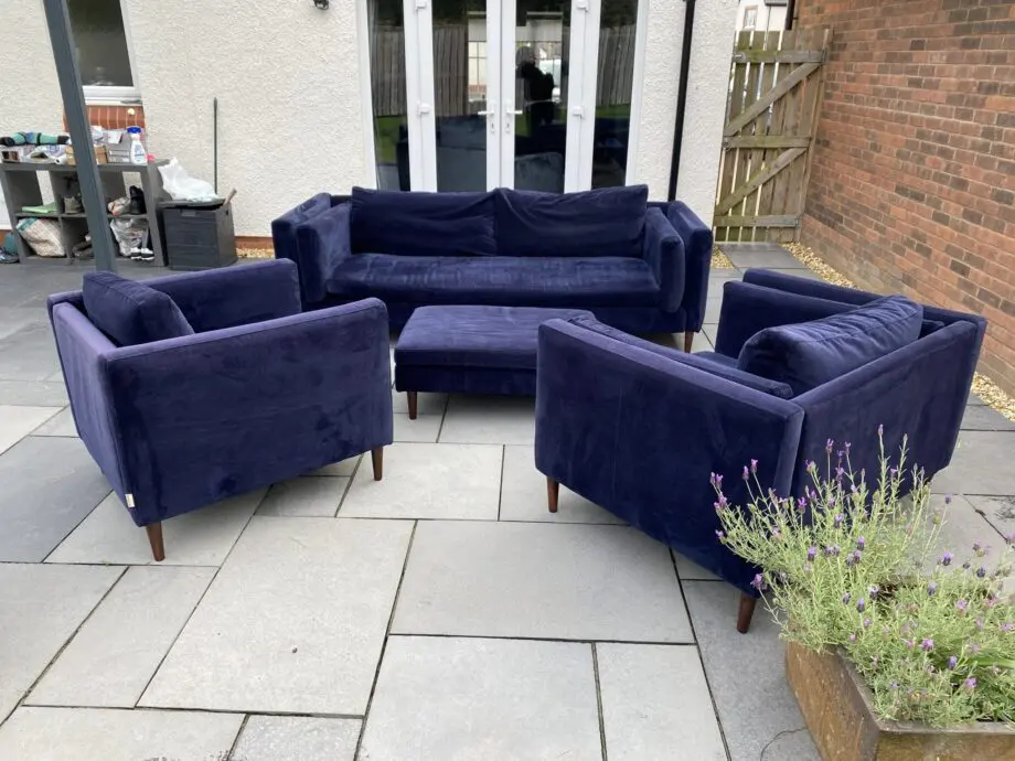 Sofa Workshop dark blue velvet 3 seater sofa + cuddle chair + chair + footstool.
